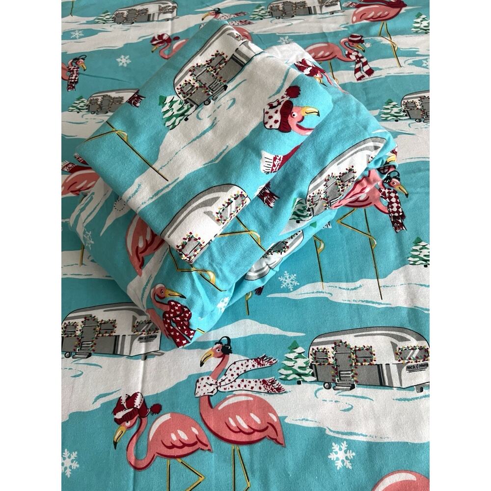 NICK & NORA 100% Cotton Fleece Airstream Flamingo Christmas Twin Sheet Set NWOT